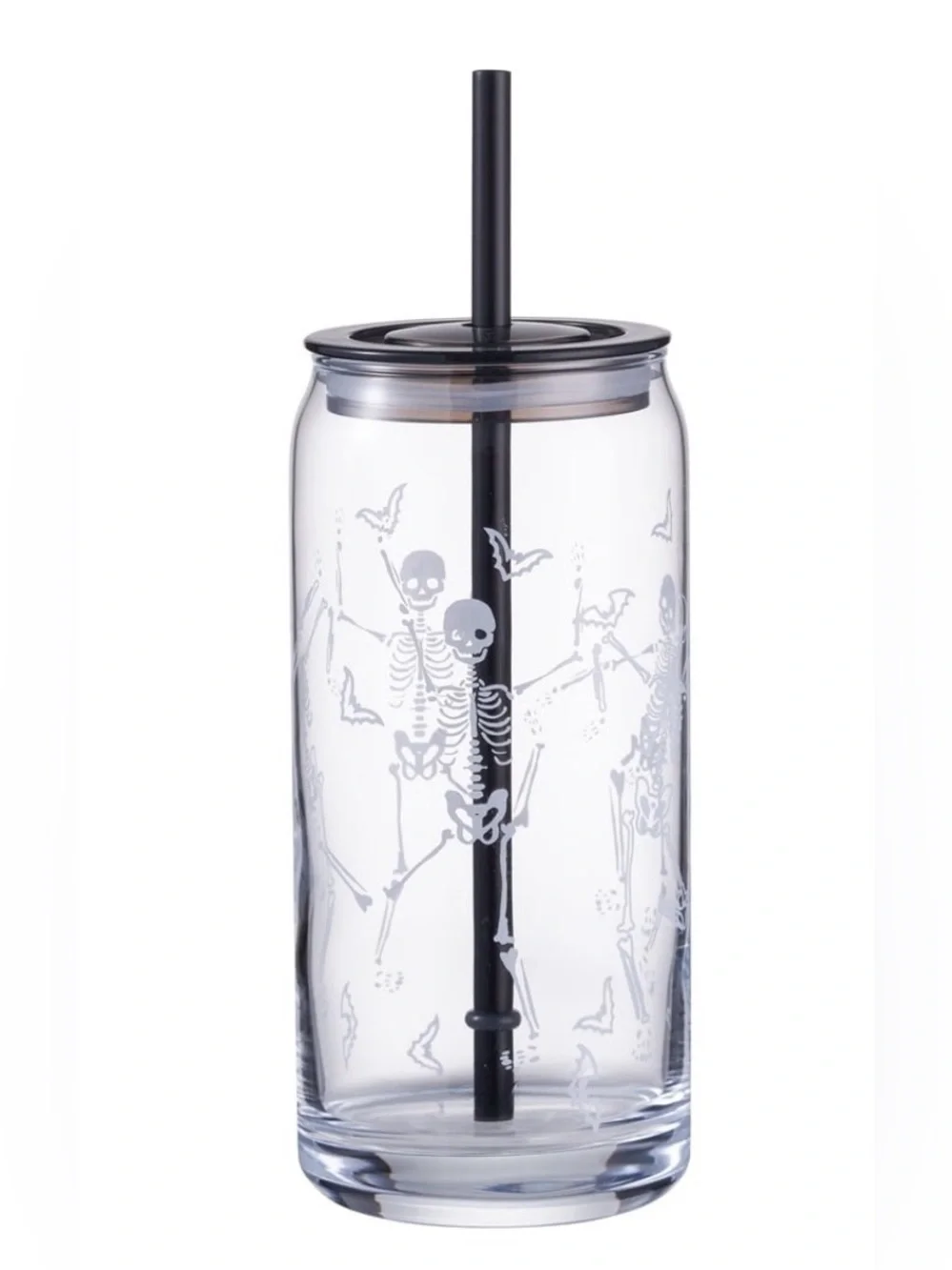 Clear Glass Tumbler with Black Lid & Straw - Dancing Skeleton Design New